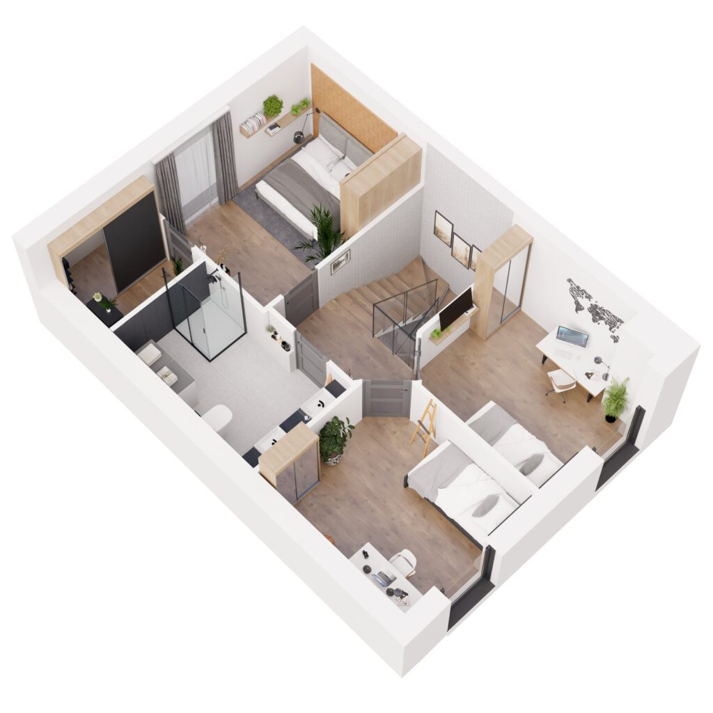 Rzut 3D piętra drugiej połówki bliźniaka Encanto w odbiciu lustrzanym